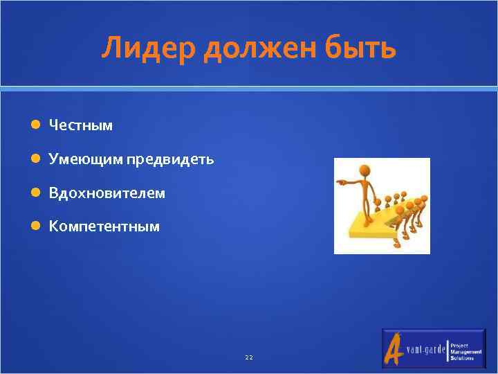 Лидер должен быть Честным Умеющим предвидеть Вдохновителем Компетентным 22 