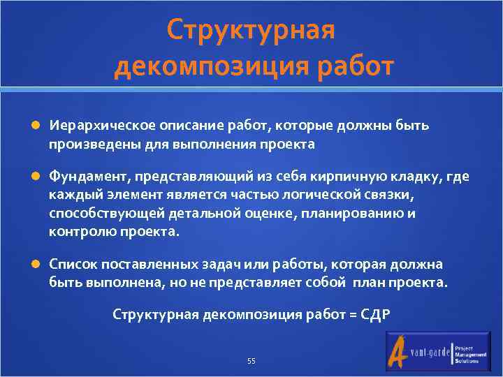 Структурная декомпозиция работ Иерархическое описание работ, которые должны быть произведены для выполнения проекта Фундамент,