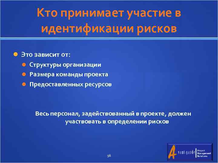 Кто принимает участие в идентификации рисков Это зависит от: Структуры организации Размера команды проекта