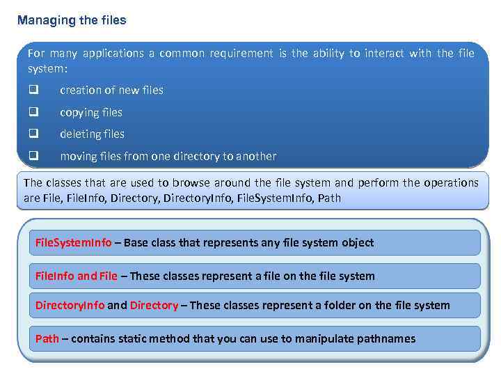 Managing the files For many applications a common requirement is the ability to interact