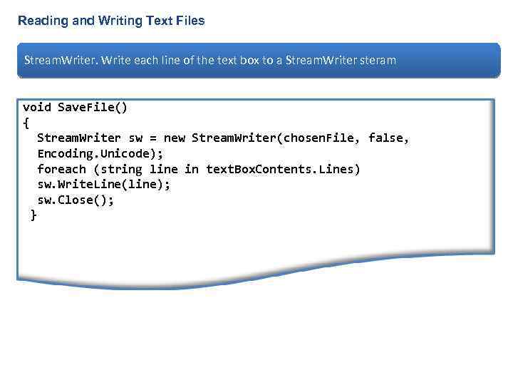 Reading and Writing Text Files Stream. Writer. Write each line of the text box