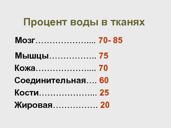 Процент воды в тканях Мозг………………. . 70 - 85 Мышцы……………. . 75 Кожа………………. .