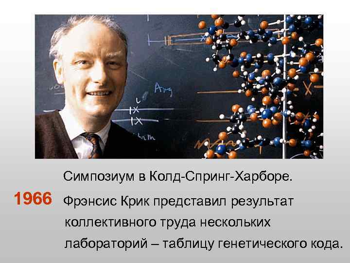 Симпозиум в Колд-Спринг-Харборе. 1966 Фрэнсис Крик представил результат коллективного труда нескольких лабораторий – таблицу