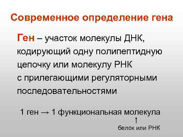 Современное определение гена Ген – участок молекулы ДНК, кодирующий одну полипептидную цепочку или молекулу