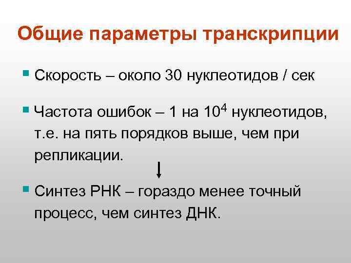 Общие параметры транскрипции § Скорость – около 30 нуклеотидов / сек § Частота ошибок