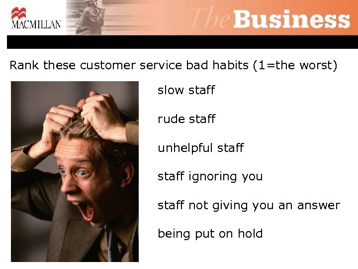 Rank these customer service bad habits (1=the worst) slow staff rude staff unhelpful staff