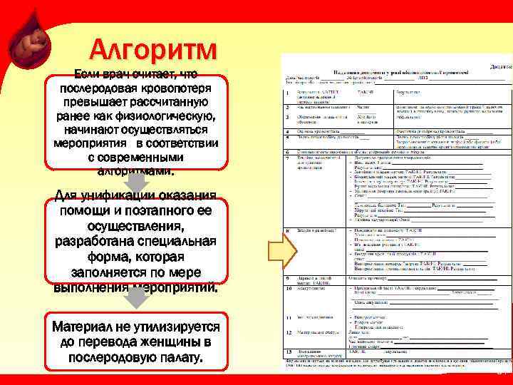 Алгоритм Если врач считает, что послеродовая кровопотеря превышает рассчитанную ранее как физиологическую, начинают осуществляться