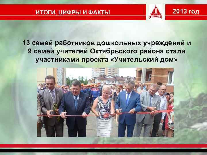 ИТОГИ, ЦИФРЫ И ФАКТЫ 2013 год 13 семей работников дошкольных учреждений и 9 семей