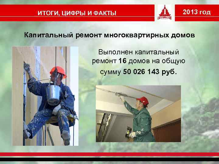 ИТОГИ, ЦИФРЫ И ФАКТЫ 2013 год Капитальный ремонт многоквартирных домов Выполнен капитальный ремонт 16