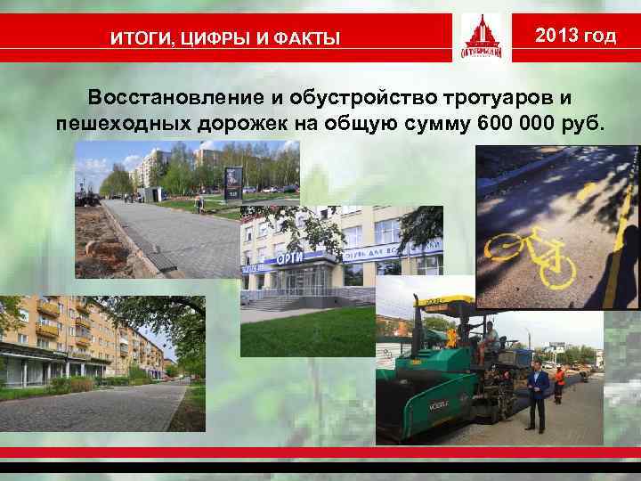 ИТОГИ, ЦИФРЫ И ФАКТЫ 2013 год Восстановление и обустройство тротуаров и пешеходных дорожек на