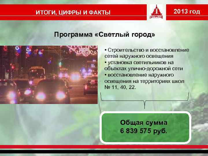2013 год ИТОГИ, ЦИФРЫ И ФАКТЫ Программа «Светлый город» • Строительство и восстановление сетей