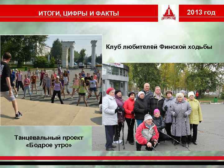 ИТОГИ, ЦИФРЫ И ФАКТЫ 2013 год Клуб любителей Финской ходьбы . Танцевальный проект «Бодрое