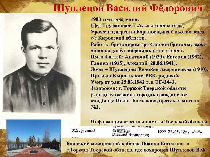 Шуплецов Василий Фёдорович 1903 года рождения. (Дед Труфановой Е. А. со стороны отца) Уроженец