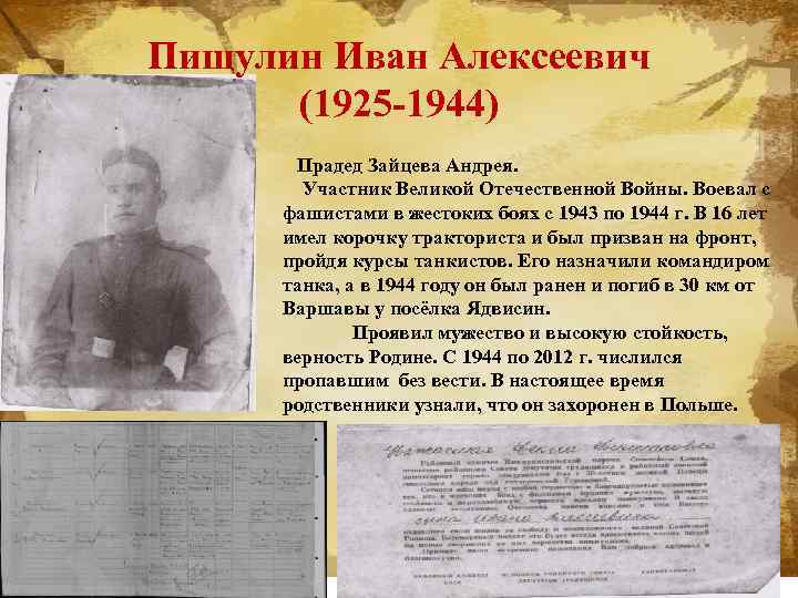 Пищулин Иван Алексеевич (1925 -1944) Прадед Зайцева Андрея. Участник Великой Отечественной Войны. Воевал с