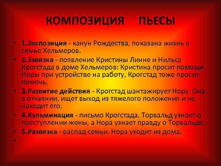 КОМПОЗИЦИЯ ПЬЕСЫ • 1. Экспозиция канун Рождества, показана жизнь в семье Хельмеров. • 2.