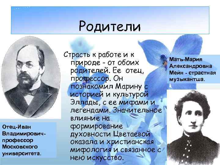 Родители Отец-Иван Владимировичпрофессор Московского университета. Страсть к работе и к природе - от обоих