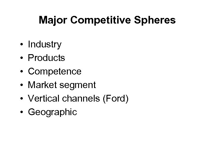 Major Competitive Spheres • • • Industry Products Competence Market segment Vertical channels (Ford)