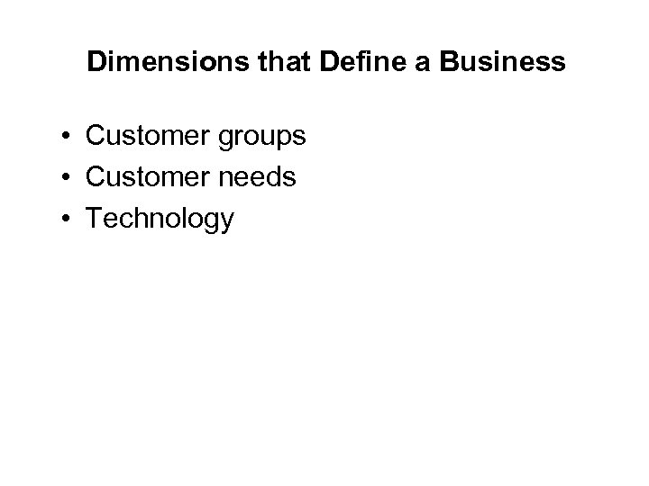 Dimensions that Define a Business • Customer groups • Customer needs • Technology 