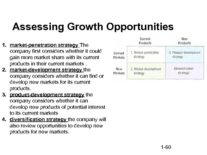 Assessing Growth Opportunities 1. market-penetration strategy The company first considers whether it could gain