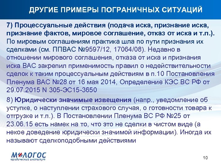 ДРУГИЕ ПРИМЕРЫ ПОГРАНИЧНЫХ СИТУАЦИЙ 7) Процессуальные действия (подача иска, признание фактов, мировое соглашение, отказ