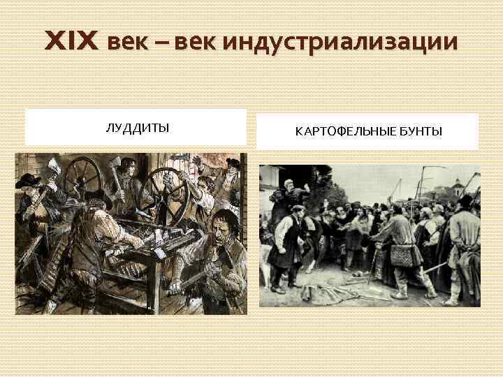 XIX век – век индустриализации ЛУДДИТЫ КАРТОФЕЛЬНЫЕ БУНТЫ 