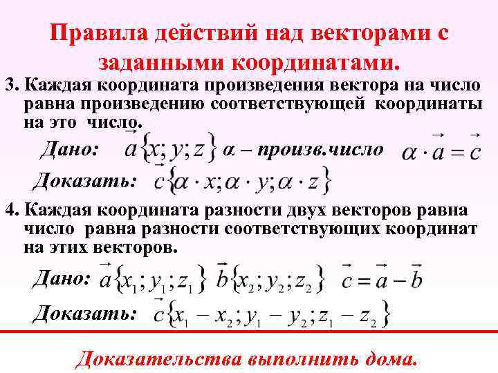 Правила действий над векторами с заданными координатами. 3. Каждая координата произведения вектора на число