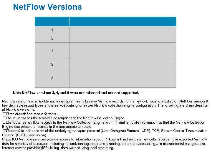 Net. Flow Versions Note Net. Flow versions 2, 4, and 6 were not released