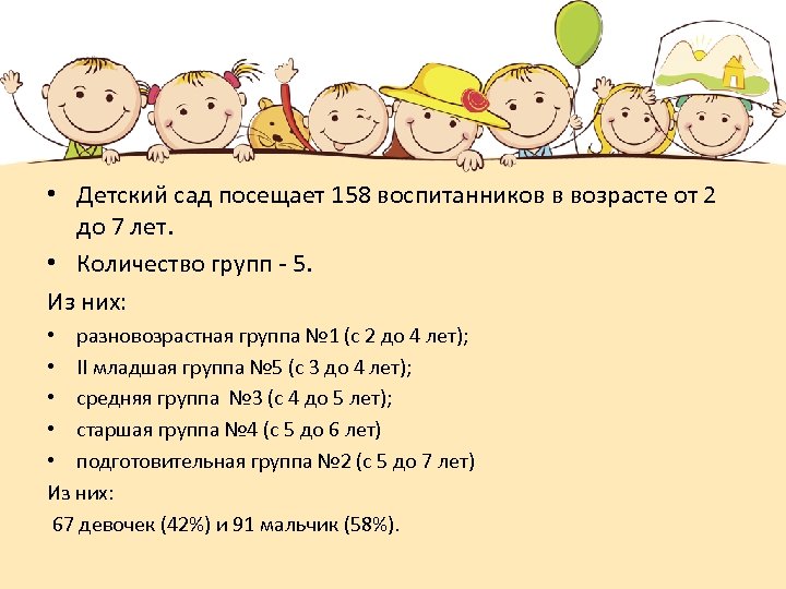  • Детский сад посещает 158 воспитанников в возрасте от 2 до 7 лет.