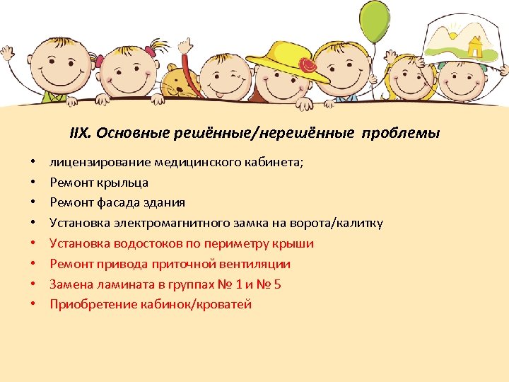 IIX. Основные решённые/нерешённые проблемы • • лицензирование медицинского кабинета; Ремонт крыльца Ремонт фасада здания