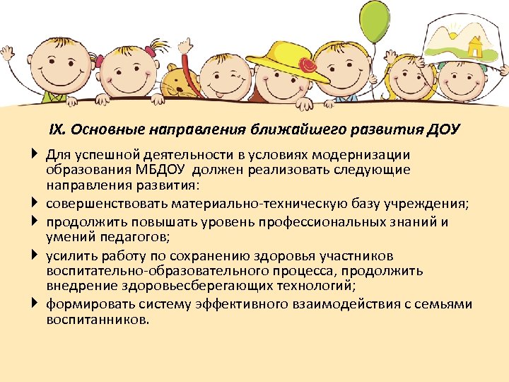 IX. Основные направления ближайшего развития ДОУ Для успешной деятельности в условиях модернизации образования МБДОУ