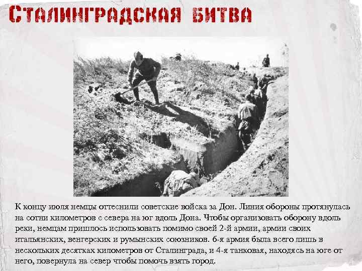 К концу июля немцы оттеснили советские войска за Дон. Линия обороны протянулась на сотни