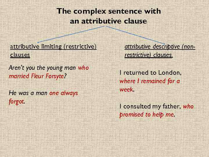 The complex sentence with an attributive clause attributive limiting (restrictive) clauses Aren’t you the