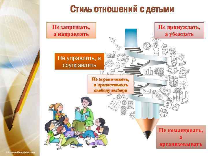 Стиль отношений с детьми Не запрещать, а направлять Не принуждать, а убеждать Не управлять,