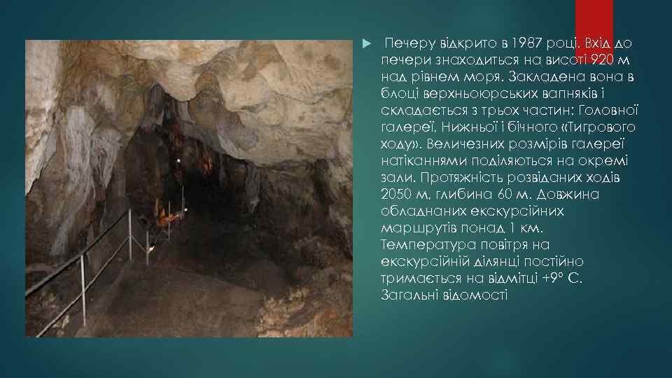 Печеру відкрито в 1987 році. Вхід до печери знаходиться на висоті 920 м