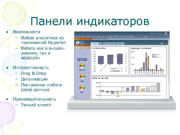 Панели индикаторов • Возможности – Любая аналитика из приложений Hyperion – Работа как в