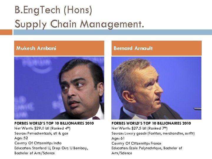 B. Eng. Tech (Hons) Supply Chain Management. Mukesh Ambani FORBES WORLD’S TOP 10 BILLIONAIRES