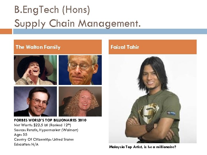 B. Eng. Tech (Hons) Supply Chain Management. The Walton Family FORBES WORLD’S TOP BILLIONAIRES