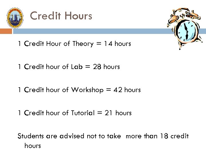 Credit Hours 1 Credit Hour of Theory = 14 hours 1 Credit hour of