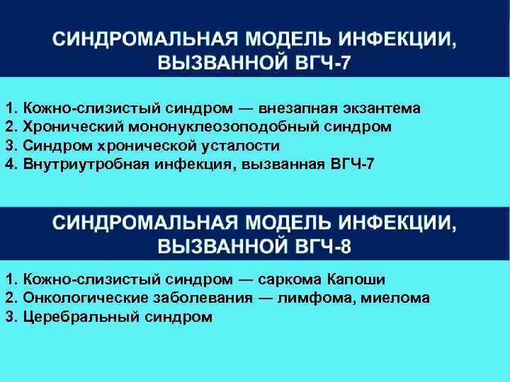 1. Кожно-слизистый синдром ― внезапная экзантема 2. Хронический мононуклеозоподобный синдром 3. Синдром хронической усталости
