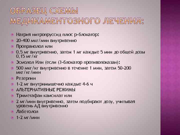  Натрия нитропруссид плюс р-блокатор: 20 -400 мкг/мин внутривенно Пропранолол или 0, 5 мг
