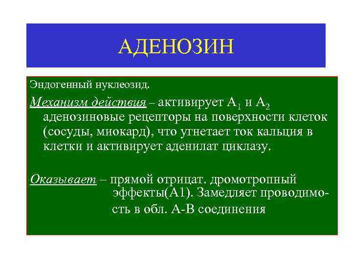 АДЕНОЗИН Эндогенный нуклеозид. Механизм действия – активирует А 1 и А 2 аденозиновые рецепторы