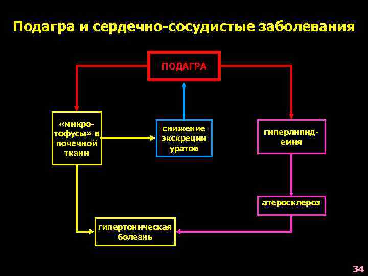 Подагра и сердечно-сосудистые заболевания ПОДАГРА «микротофусы» в почечной ткани снижение экскреции уратов гиперлипидемия атеросклероз