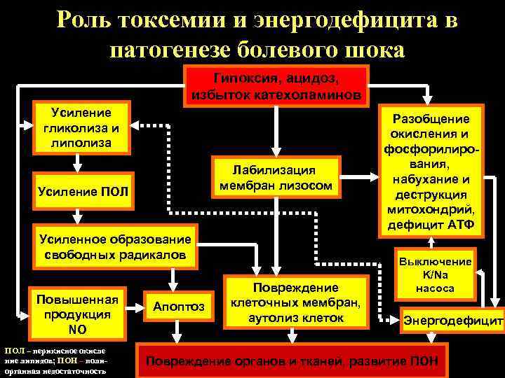 Роль токсемии и энергодефицита в патогенезе болевого шока Гипоксия, ацидоз, избыток катехоламинов Усиление гликолиза