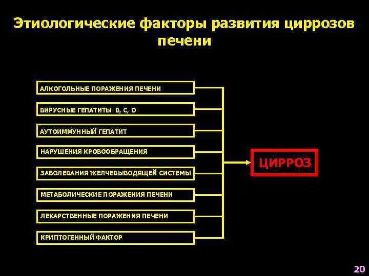 Этиологические факторы развития циррозов печени АЛКОГОЛЬНЫЕ ПОРАЖЕНИЯ ПЕЧЕНИ ВИРУСНЫЕ ГЕПАТИТЫ B, C, D АУТОИММУННЫЙ