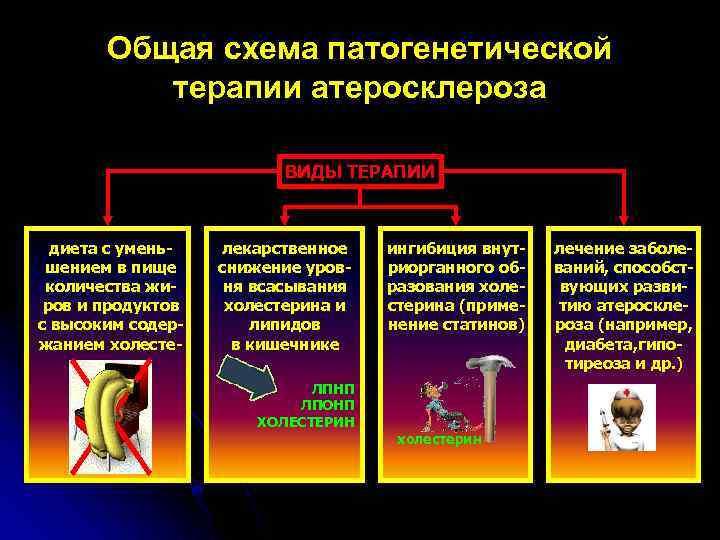 Общая схема патогенетической терапии атеросклероза ВИДЫ ТЕРАПИИ диета с уменьшением в пище количества жиров