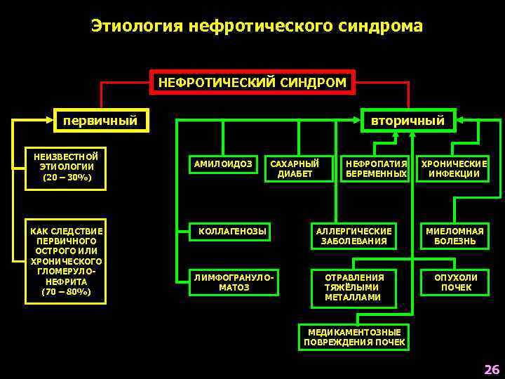 Этиология нефротического синдрома НЕФРОТИЧЕСКИЙ СИНДРОМ первичный НЕИЗВЕСТНОЙ ЭТИОЛОГИИ (20 – 30%) КАК СЛЕДСТВИЕ ПЕРВИЧНОГО