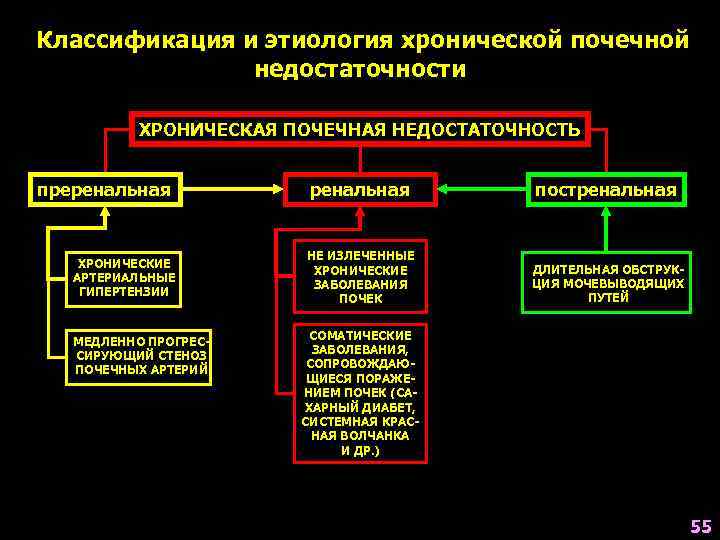 Классификация и этиология хронической почечной недостаточности ХРОНИЧЕСКАЯ ПОЧЕЧНАЯ НЕДОСТАТОЧНОСТЬ преренальная ХРОНИЧЕСКИЕ АРТЕРИАЛЬНЫЕ ГИПЕРТЕНЗИИ МЕДЛЕННО