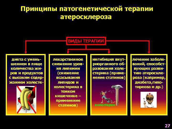 Принципы патогенетической терапии атеросклероза ВИДЫ ТЕРАПИИ диета с уменьшением в пище количества жиров и