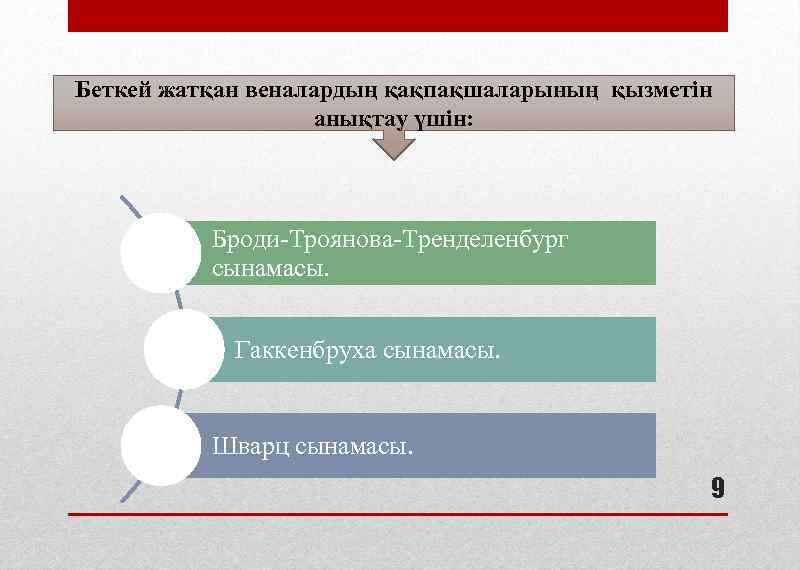 Беткей жатқан веналардың қақпақшаларының қызметін анықтау үшін: Броди-Троянова-Тренделенбург сынамасы. Гаккенбруха сынамасы. Шварц сынамасы. 9