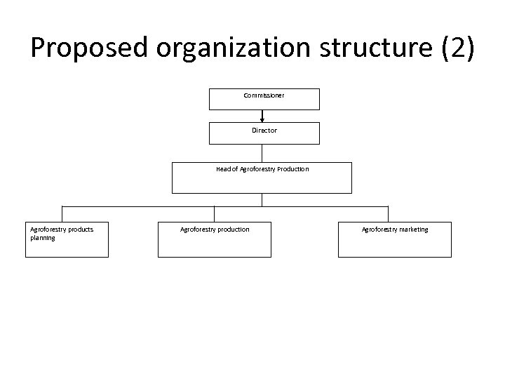 Proposed organization structure (2) Commissioner Director Head of Agroforestry Production Agroforestry products planning Agroforestry